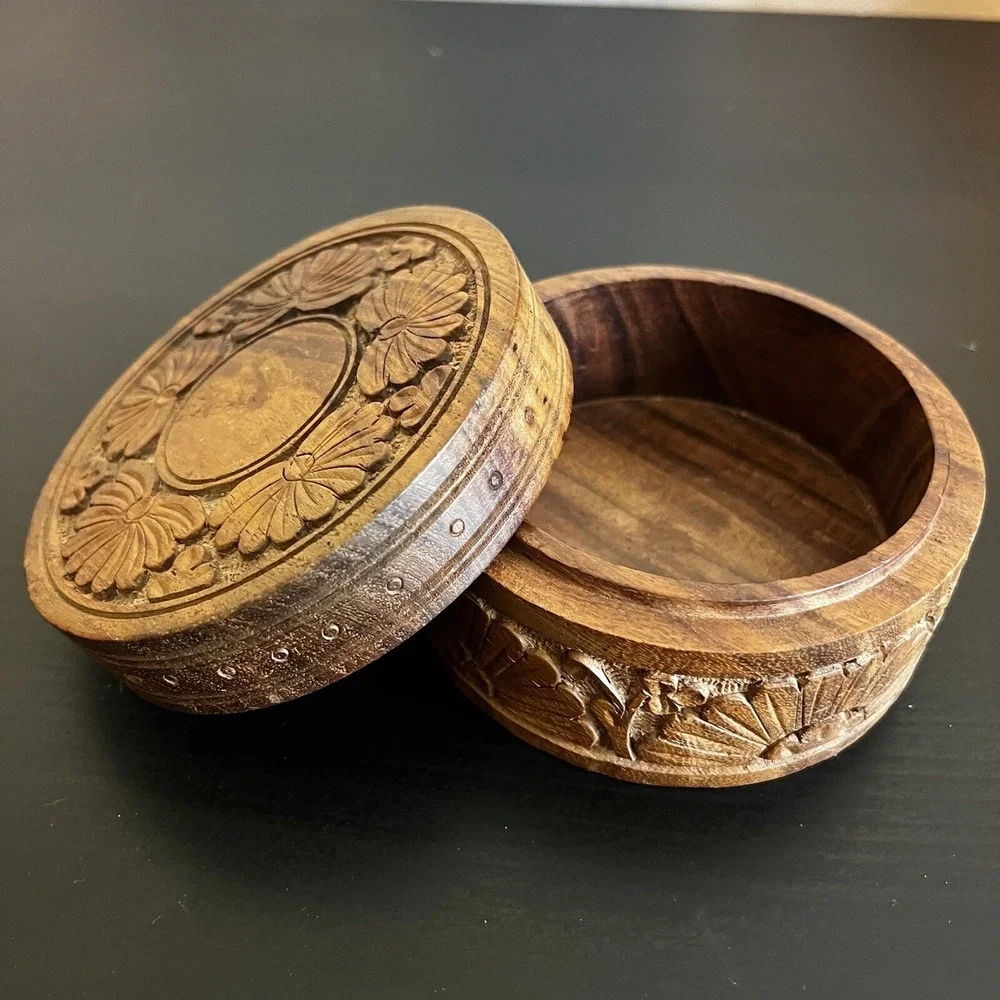 Vintage Wooden Box Floral Hand Carved Flowers Jewelry Trinket